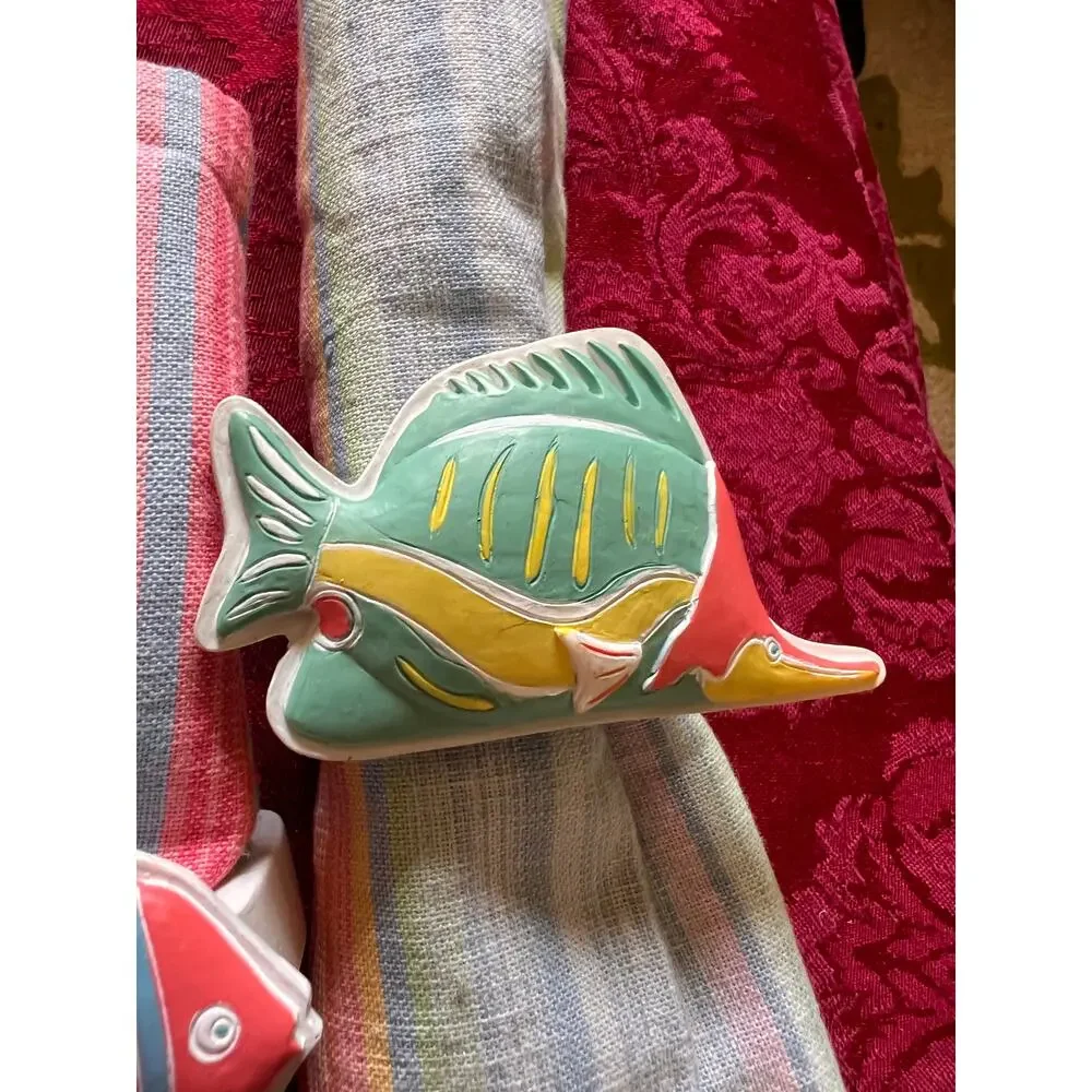Vintage striped pastel cloth napkins w/ tropical fish napkin rings beach party